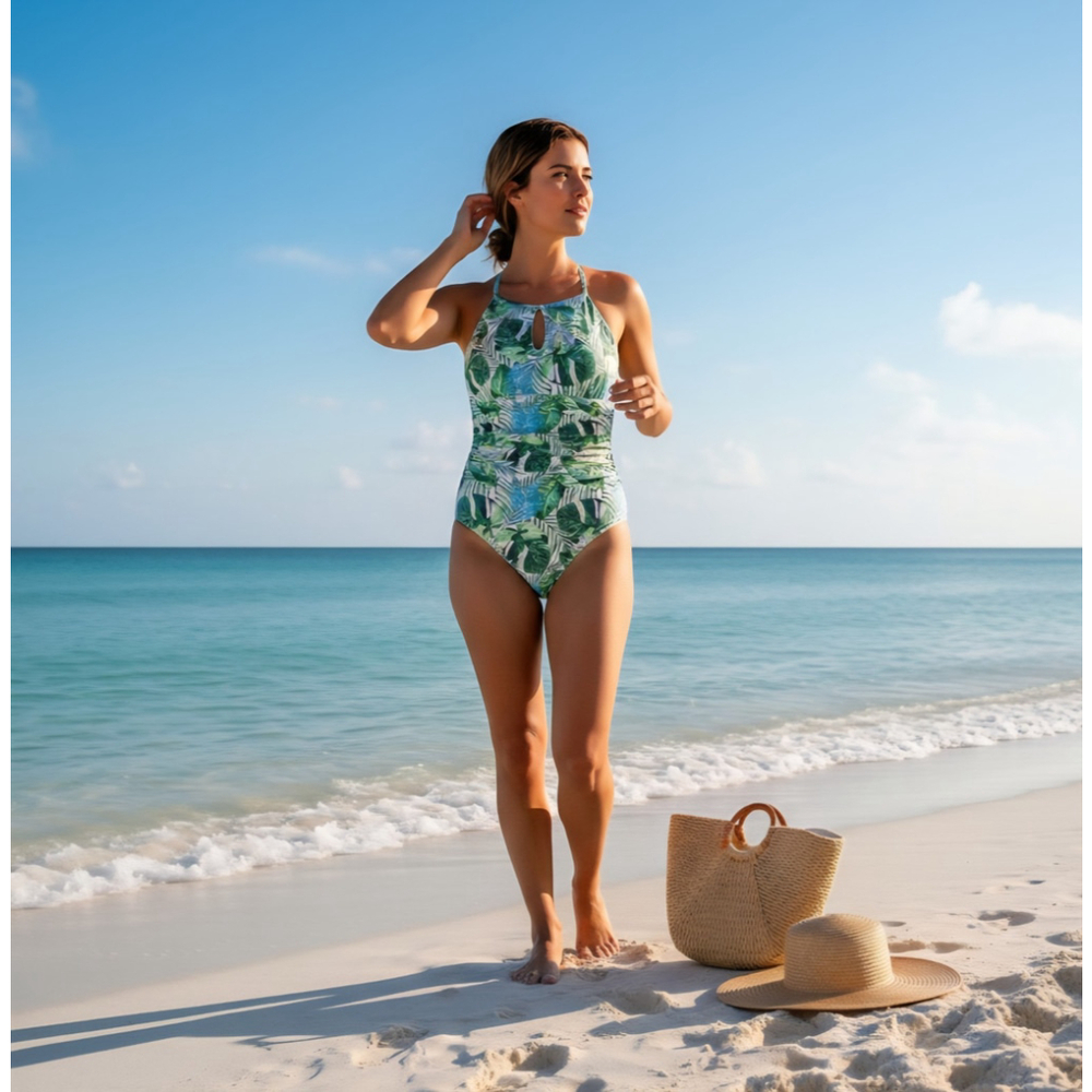 Tahari One piece Swimsuit Bathing Suit Keyhole MEDIUM Tropical Green Leaf Palm - Picture 14 of 16